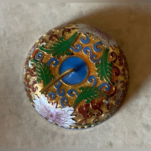 Vintage Apple Shape Enamel Gold Brass Trinket Chinese Cloisonné Jar Unburnt - Picture 5 of 7